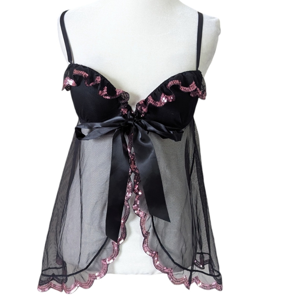 Victoria's Secret Nightie 36B Sexy Little Things Black Pink Sequin Teddy Bow Tie